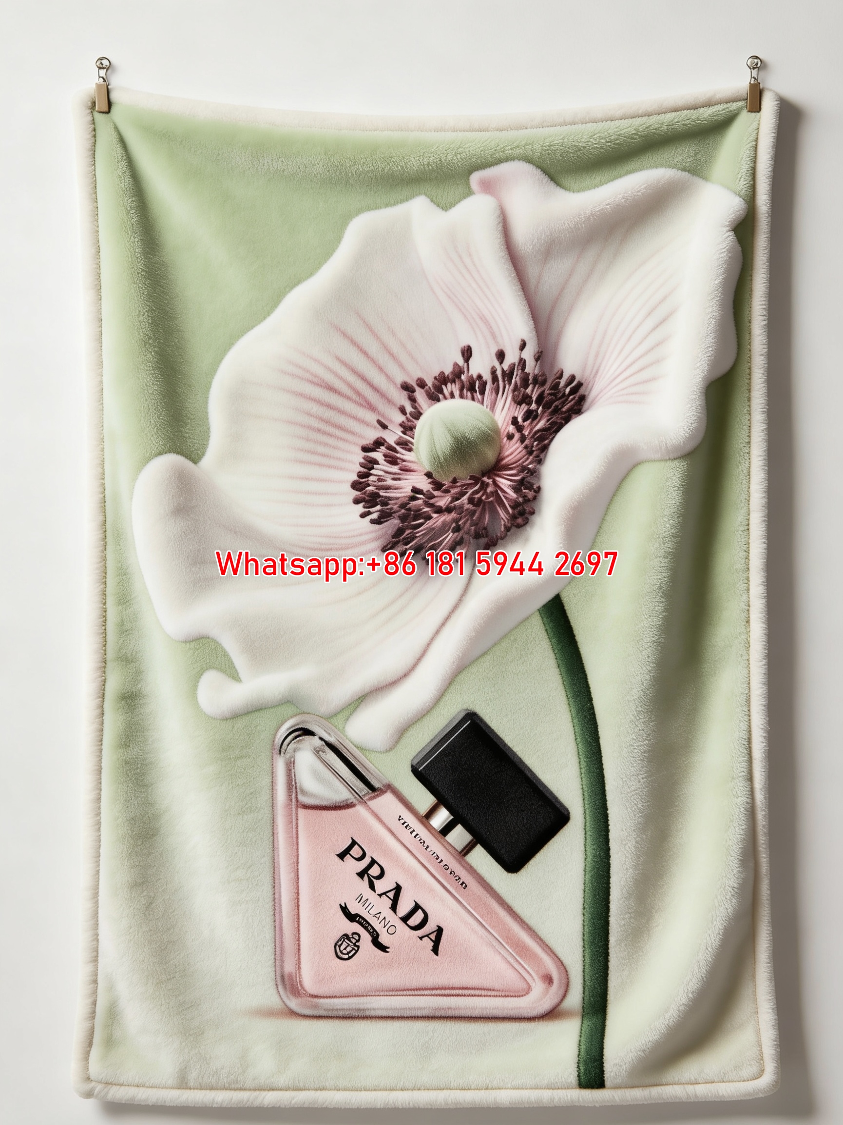 Prada Virtual Flower Perfume Print Flannel Sofa Throw Blanket Soft Pink Sage Green White Luxury Wall Hanging Decor Blanket IMG_2820